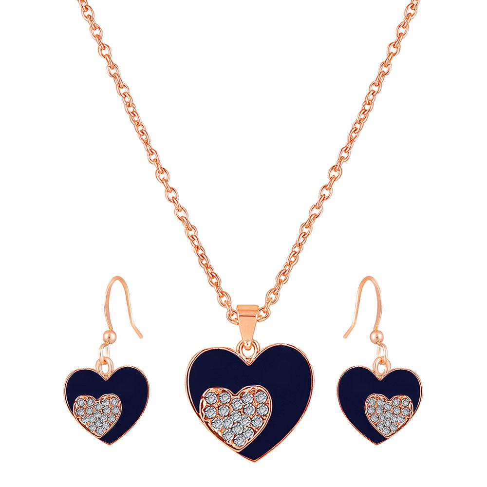 Mahi Rose Gold Plated Navy Blue Meenakari Work and Crystals Dual Heart Pendant Set for Women (NL1103824ZNBlu)