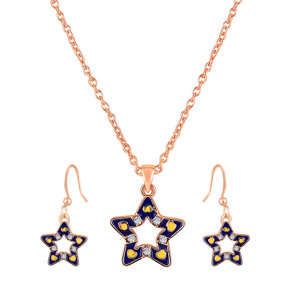 Mahi Rose Gold Plated Navy Blue & Yellow Meenakari Work and Crystals Star Pendant Set for Women (NL1103826ZNBlu)