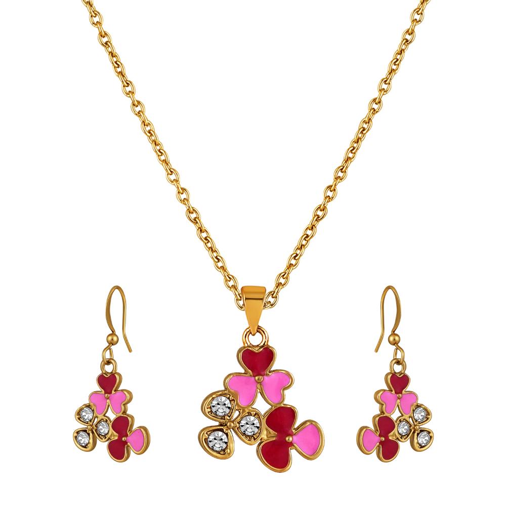 Mahi Gold Plated Red and Pink Meenakari Work and Crystals Floral Pendant Set for Women (NL1103830GRedPin)