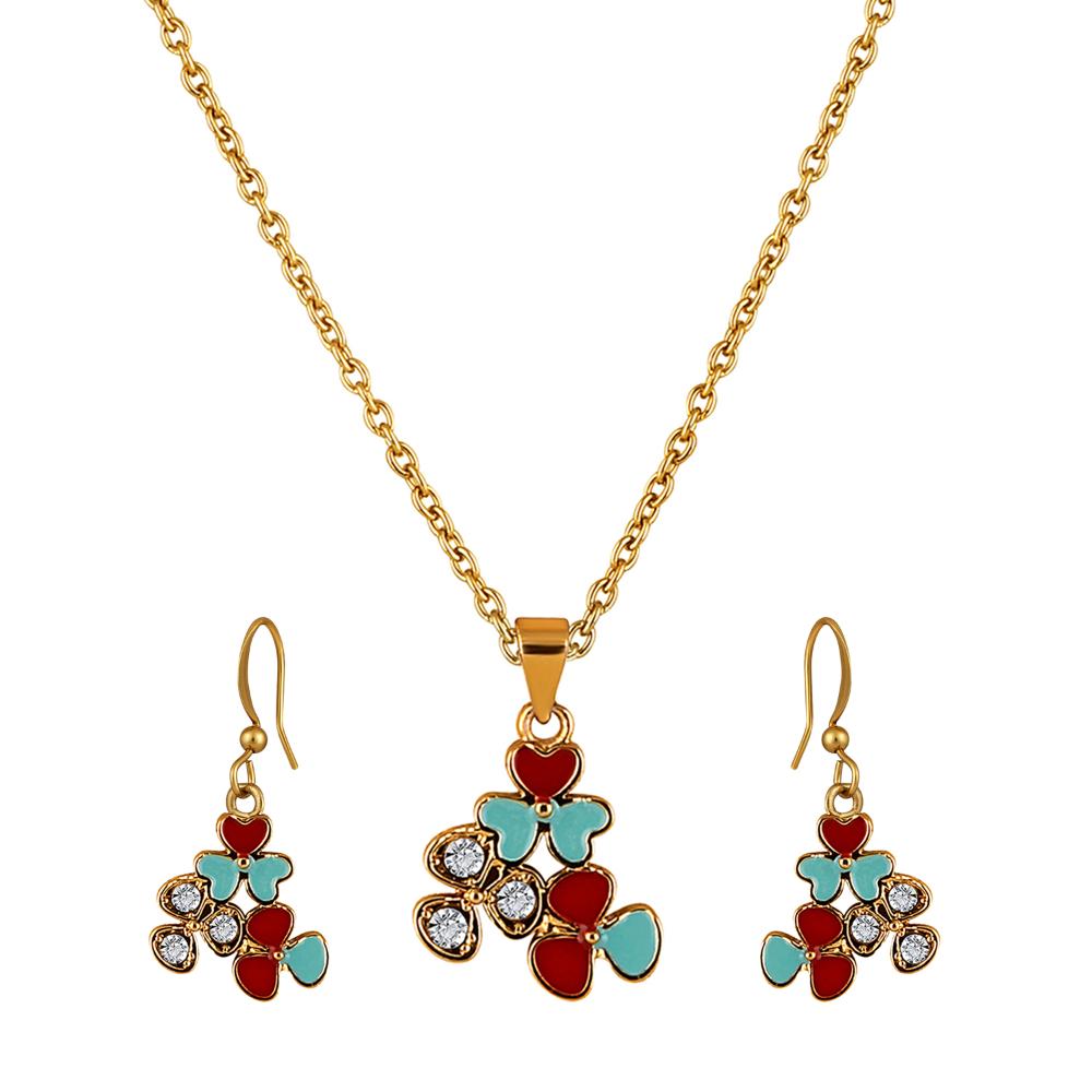 Mahi Gold Plated Red and Blue Meenakari Work and Crystals Floral Pendant Set for Women (NL1103831GRedBlu)