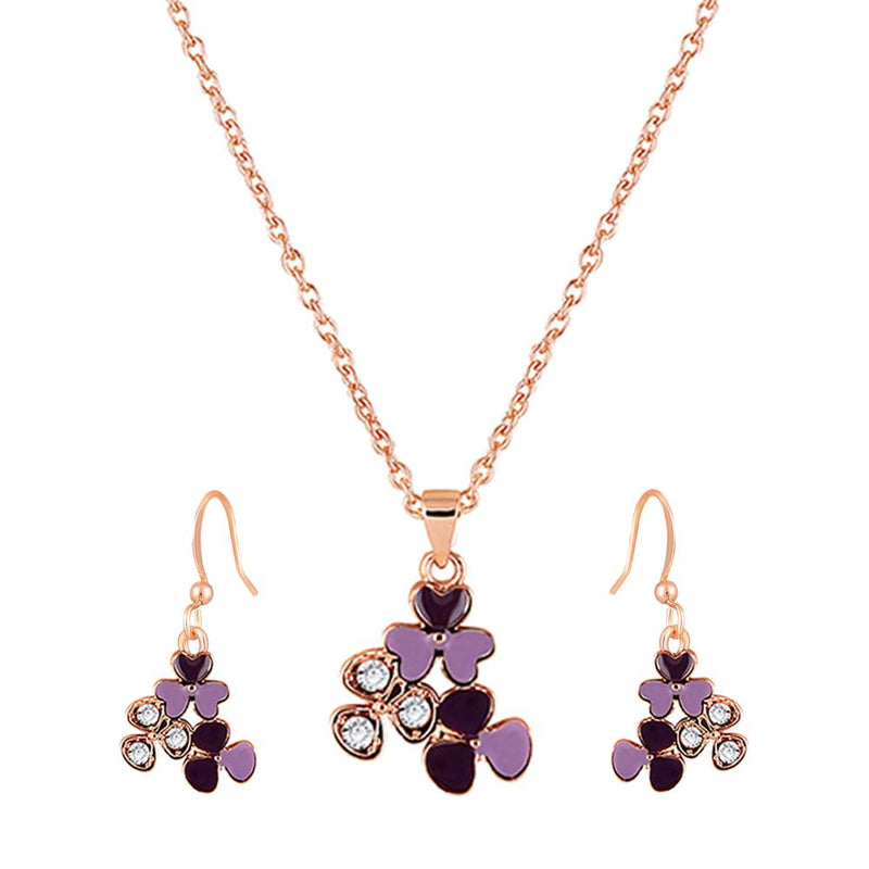 Mahi Rose Gold Plated Purple Meenakari Work and Crystals Floral Pendant Set for Women (NL1103832ZPur)