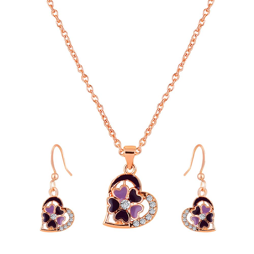 Mahi Rose Gold Plated Purple Meenakari Work and Crystals Floral Heart Pendant Set for Women (NL1103833ZPur)