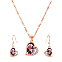 Mahi Rose Gold Plated Purple Meenakari Work and Crystals Floral Heart Pendant Set for Women (NL1103833ZPur)