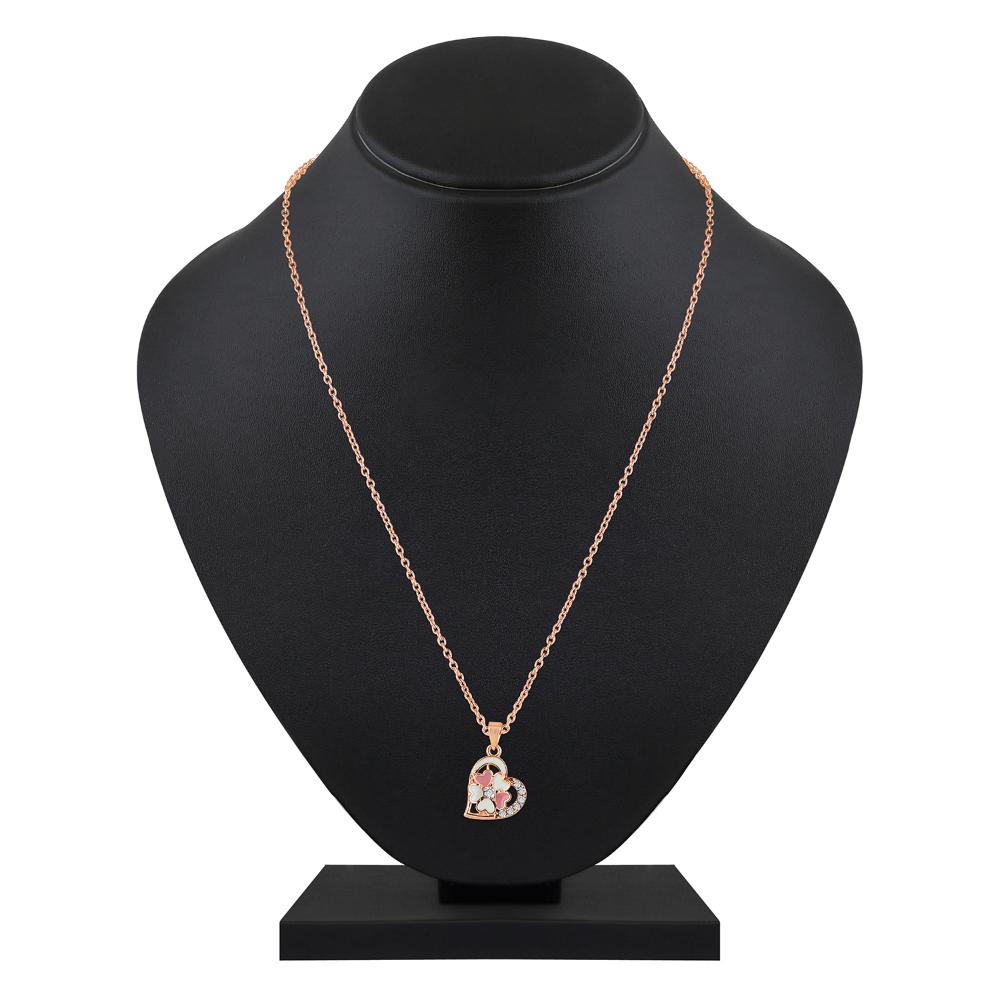 Mahi Rose Gold Plated Pink and Green Meenakari Work and Crystals Floral Heart Pendant Set for Women (NL1103834Gre)