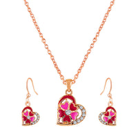 Mahi Rose Gold Plated Red and Pink Meenakari Work and Crystals Floral Heart Pendant Set for Women (NL1103835ZRedPin)