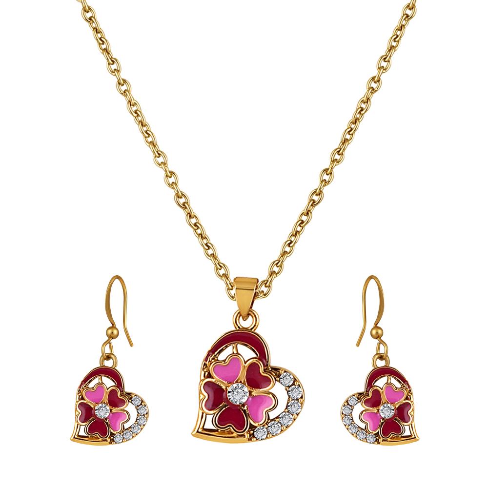 Mahi Gold Plated Pink and Maroon Meenakari Work and Crystals Floral Heart Pendant Set for Women (NL1103836GPinMar)