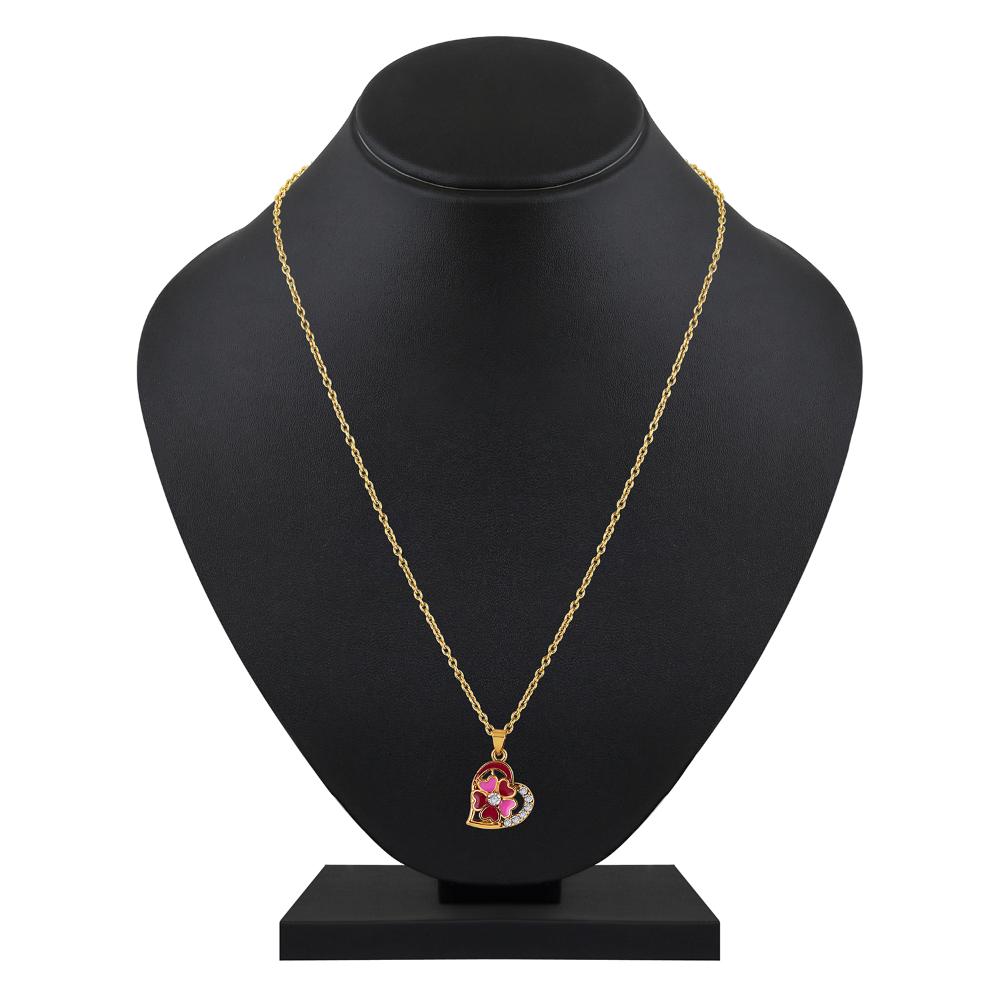 Mahi Gold Plated Pink and Maroon Meenakari Work and Crystals Floral Heart Pendant Set for Women (NL1103836GPinMar)