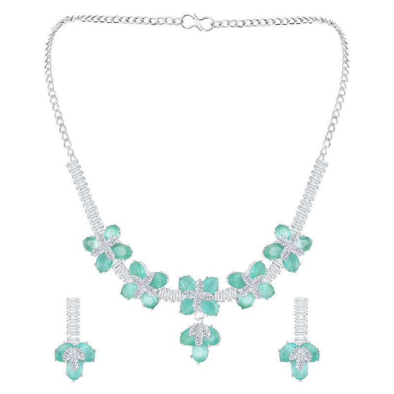 Mahi Rhodium Plated Light Green and White Cubic Zirconia (CZ) Floral Women's Necklace Set (NL1103838R)