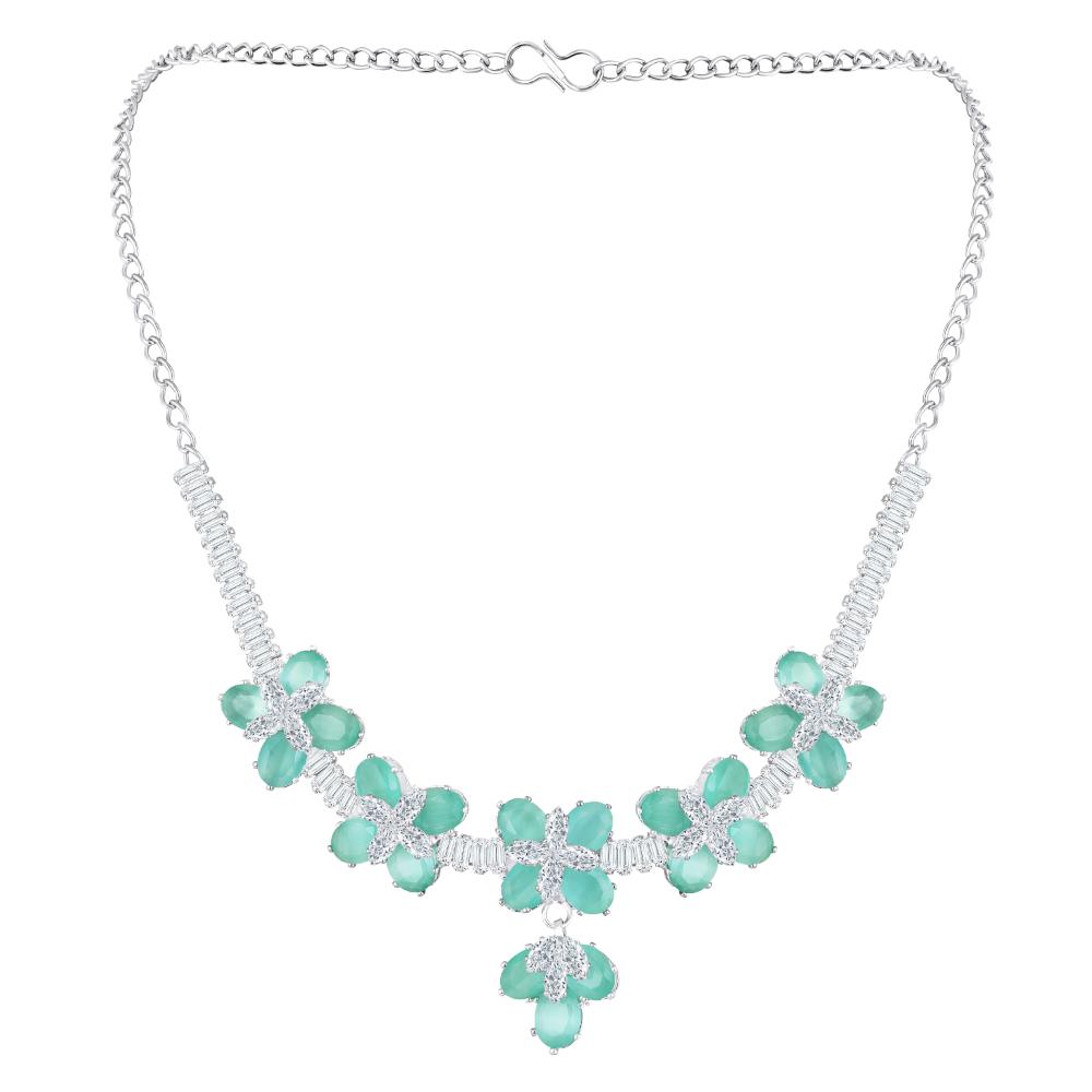 Mahi Rhodium Plated Light Green and White Cubic Zirconia (CZ) Floral Women's Necklace Set (NL1103838R)