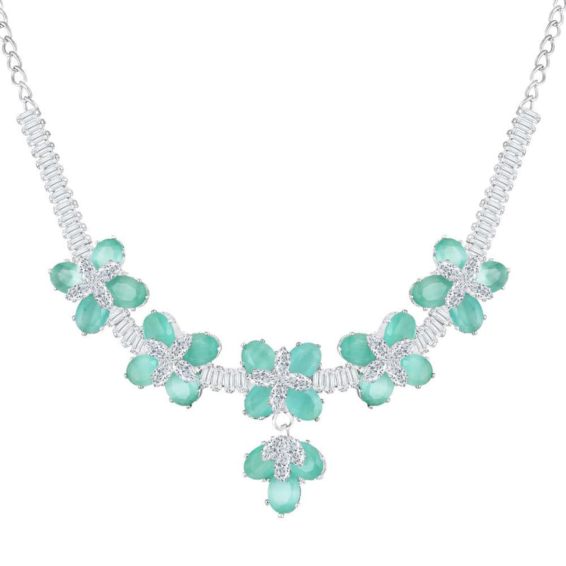 Mahi Rhodium Plated Light Green and White Cubic Zirconia (CZ) Floral Women's Necklace Set (NL1103838R)