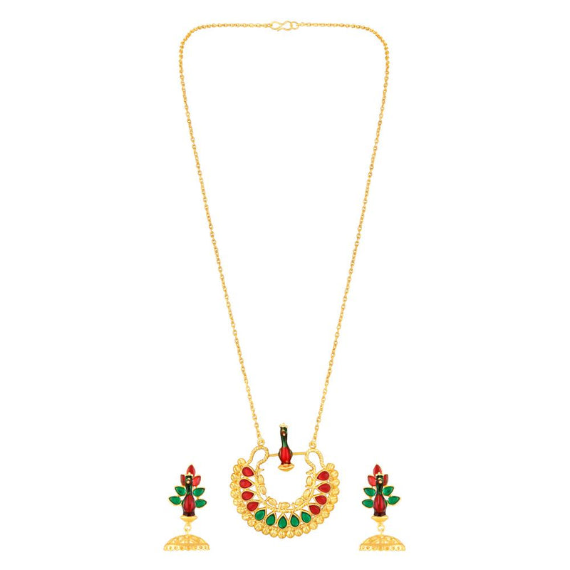 Mahi Meenakari Enamel Dancing Peacock-Shaped Pendant and Dangler Jhumka Earrings with Crystals for Women (NL1103839GMul)