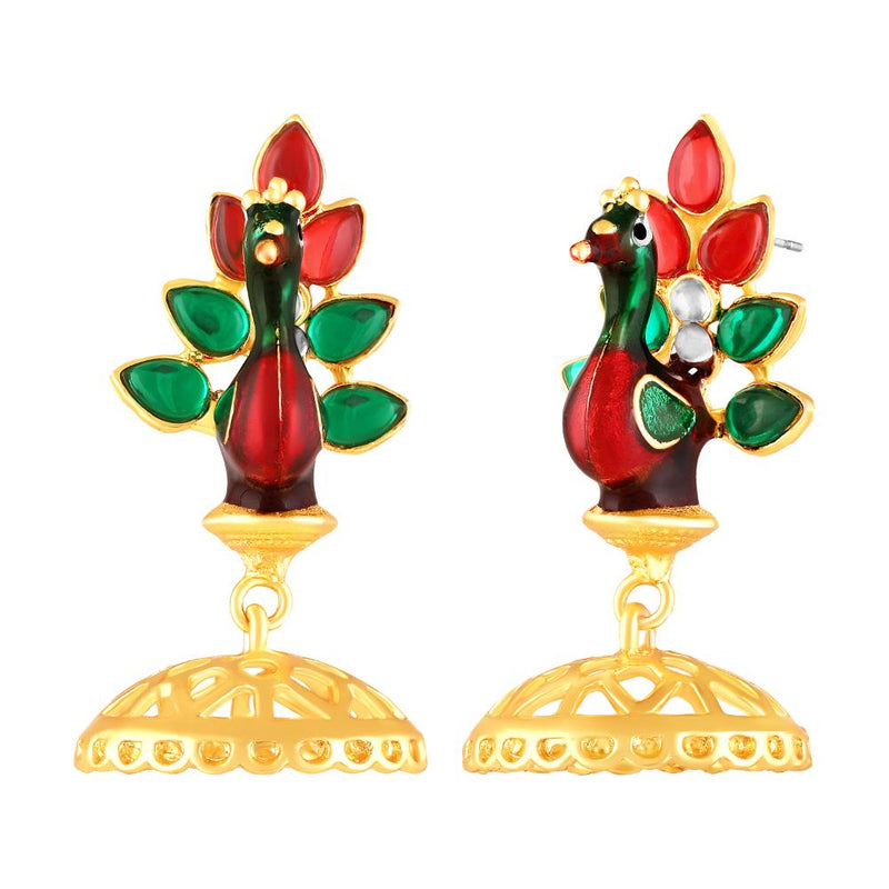 Mahi Meenakari Enamel Dancing Peacock-Shaped Pendant and Dangler Jhumka Earrings with Crystals for Women (NL1103839GMul)