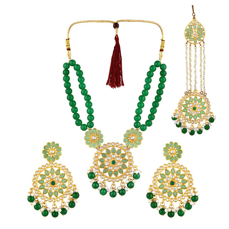 Mahi Dual Layer Green Floral Necklace Jewellery Set with Artificial Beads for Women (NL1103840GGre)