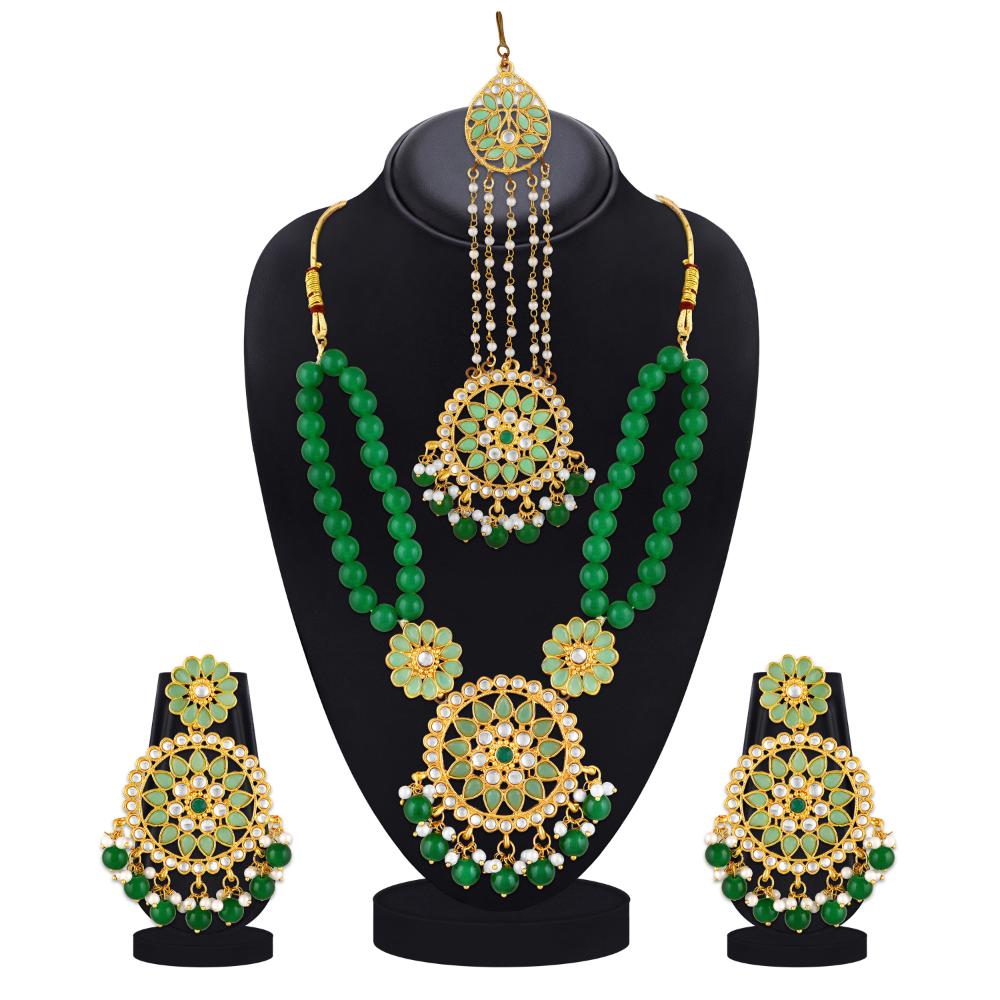 Mahi Dual Layer Green Floral Necklace Jewellery Set with Artificial Beads for Women (NL1103840GGre)