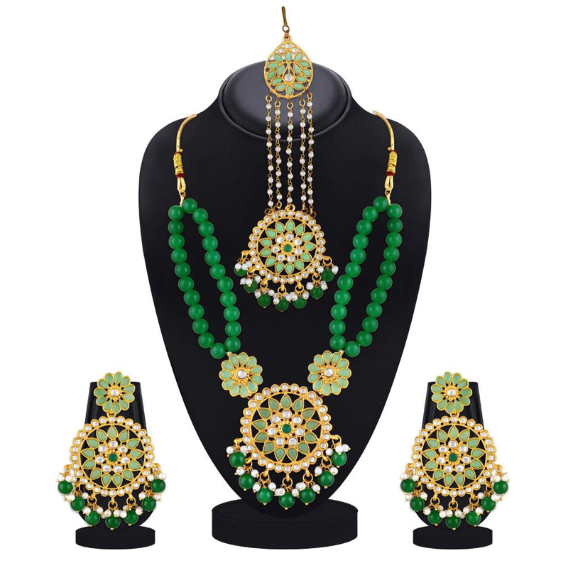 Mahi Dual Layer Green Floral Necklace Jewellery Set with Artificial Beads for Women (NL1103840GGre)