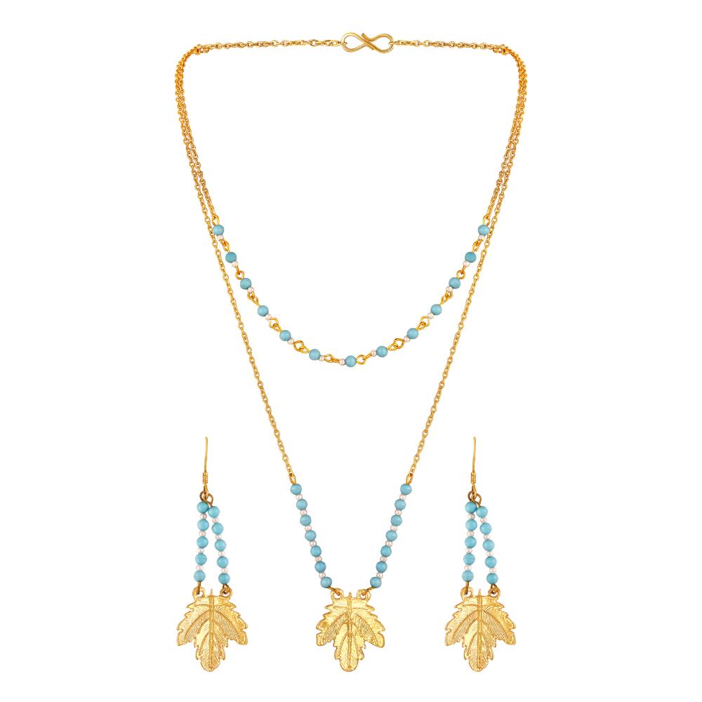 Mahi Dual Layer Mapel Leaf Long Necklace Set with Artificial Beads for Women (NL1103841GBlu)