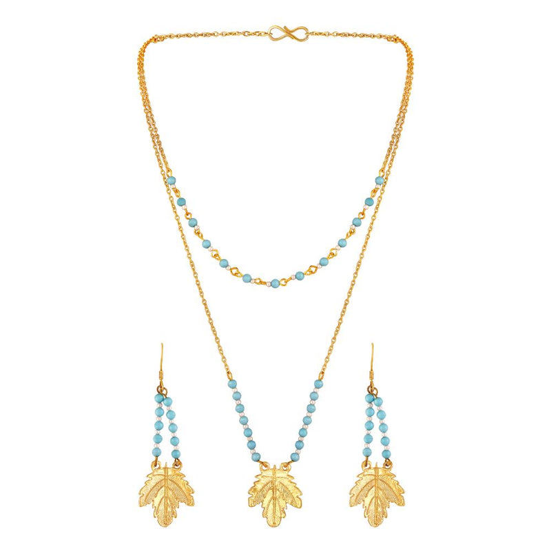 Mahi Dual Layer Mapel Leaf Long Necklace Set with Artificial Beads for Women (NL1103841GBlu)