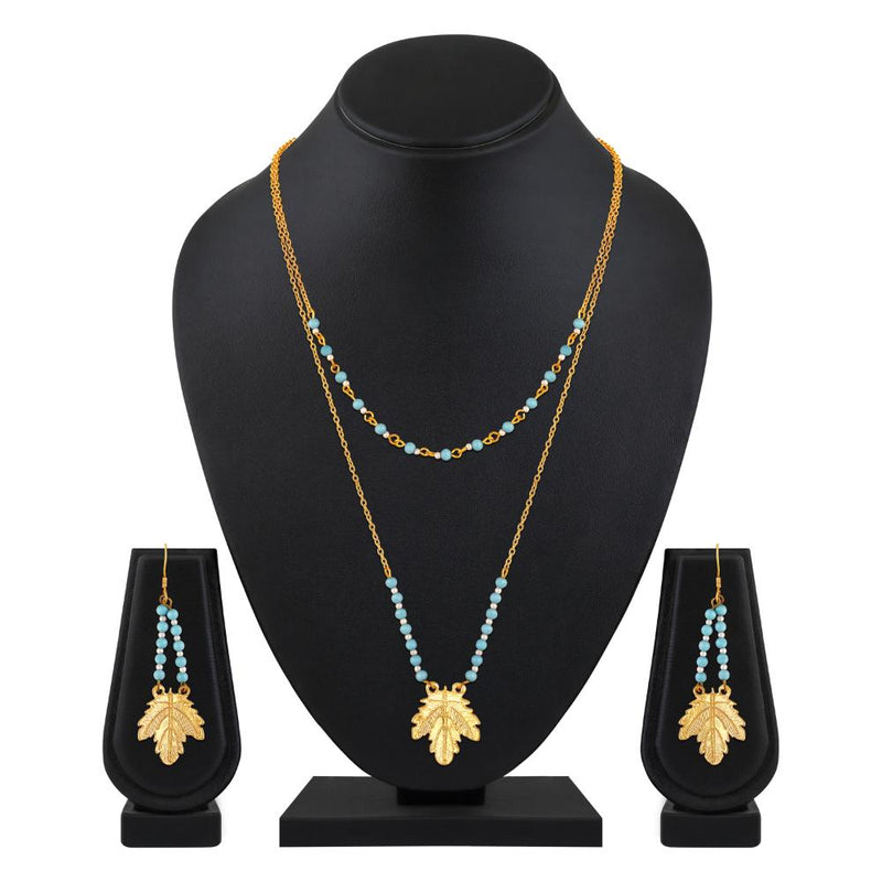 Mahi Dual Layer Mapel Leaf Long Necklace Set with Artificial Beads for Women (NL1103841GBlu)