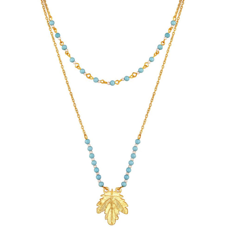 Mahi Dual Layer Mapel Leaf Long Necklace Set with Artificial Beads for Women (NL1103841GBlu)