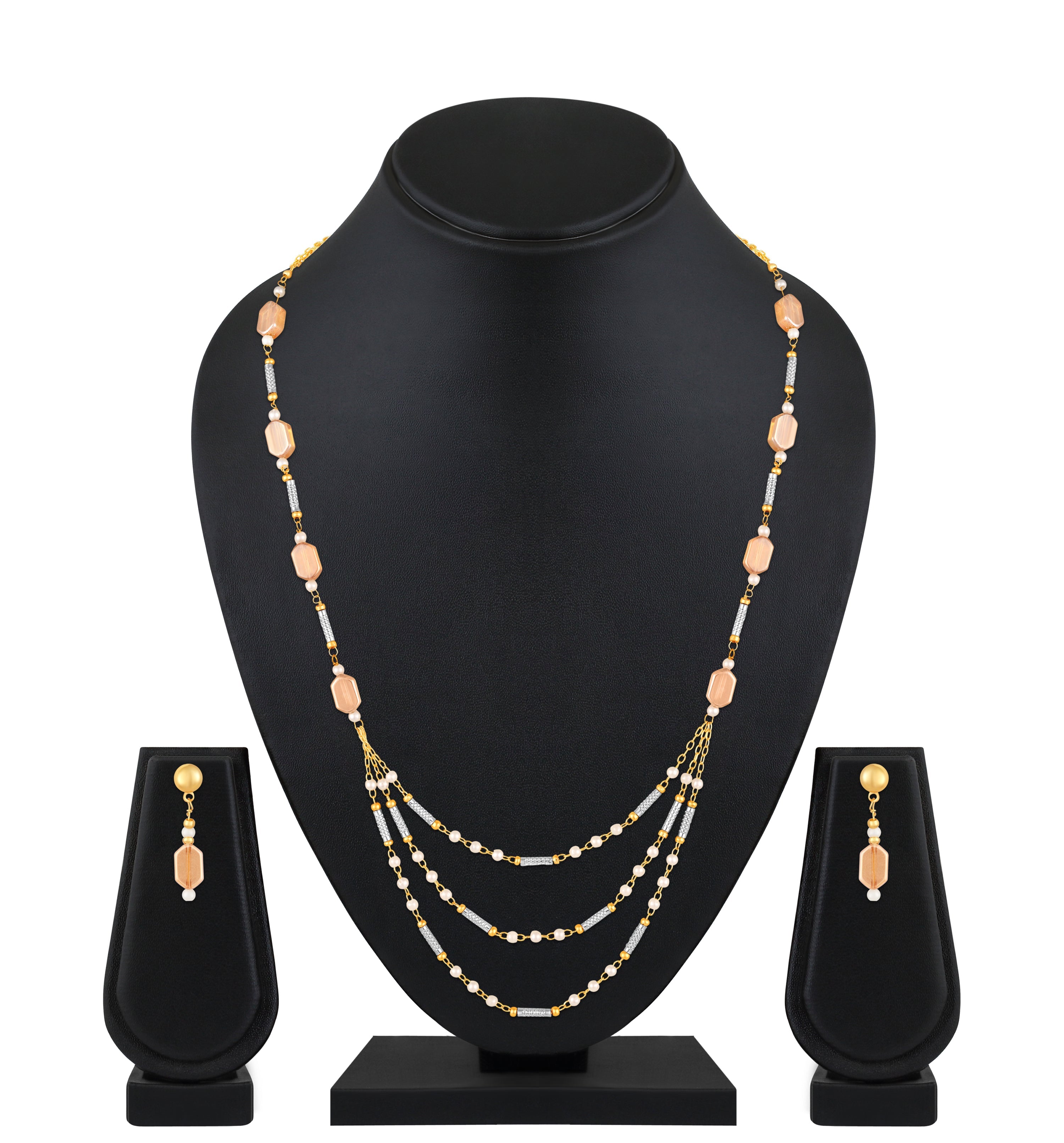 Mahi Elegant Gold-Plated Light Brown (Lct) and White Beaded Artificial Pearls Layered Jewellery Necklace with Earrings for Women (NL1103871G)