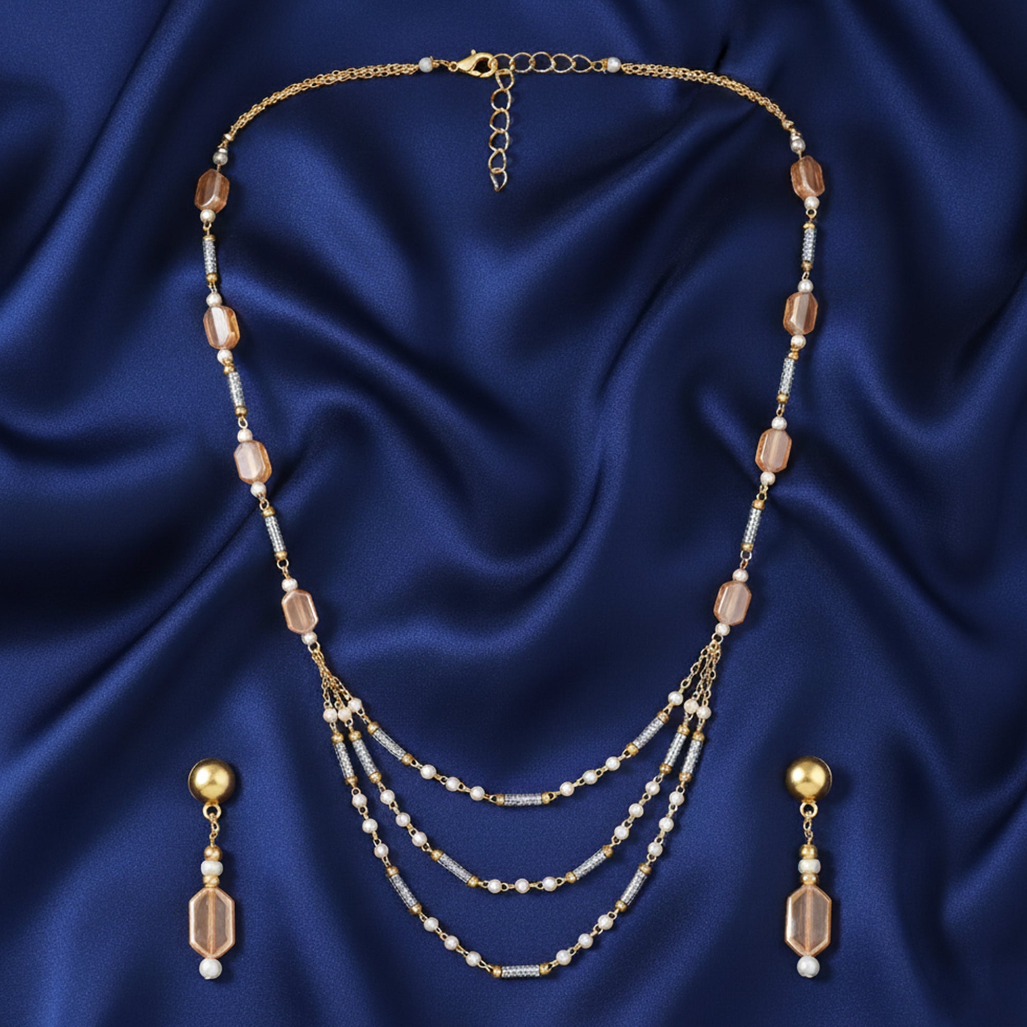 Mahi Elegant Gold-Plated Light Brown (Lct) and White Beaded Artificial Pearls Layered Jewellery Necklace with Earrings for Women (NL1103871G)