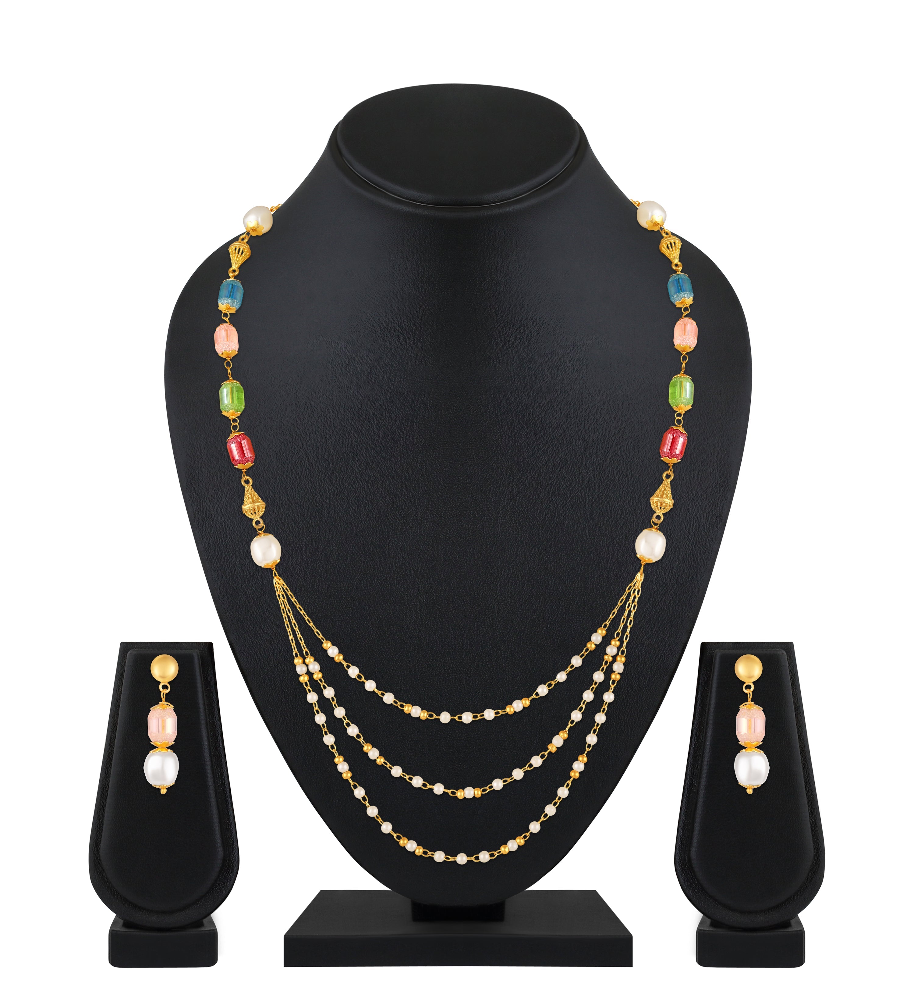 Mahi Traditional Multicolor Beaded Layered Artificial Pearl Gold Plated Necklace Set for Women (NL1103872G)