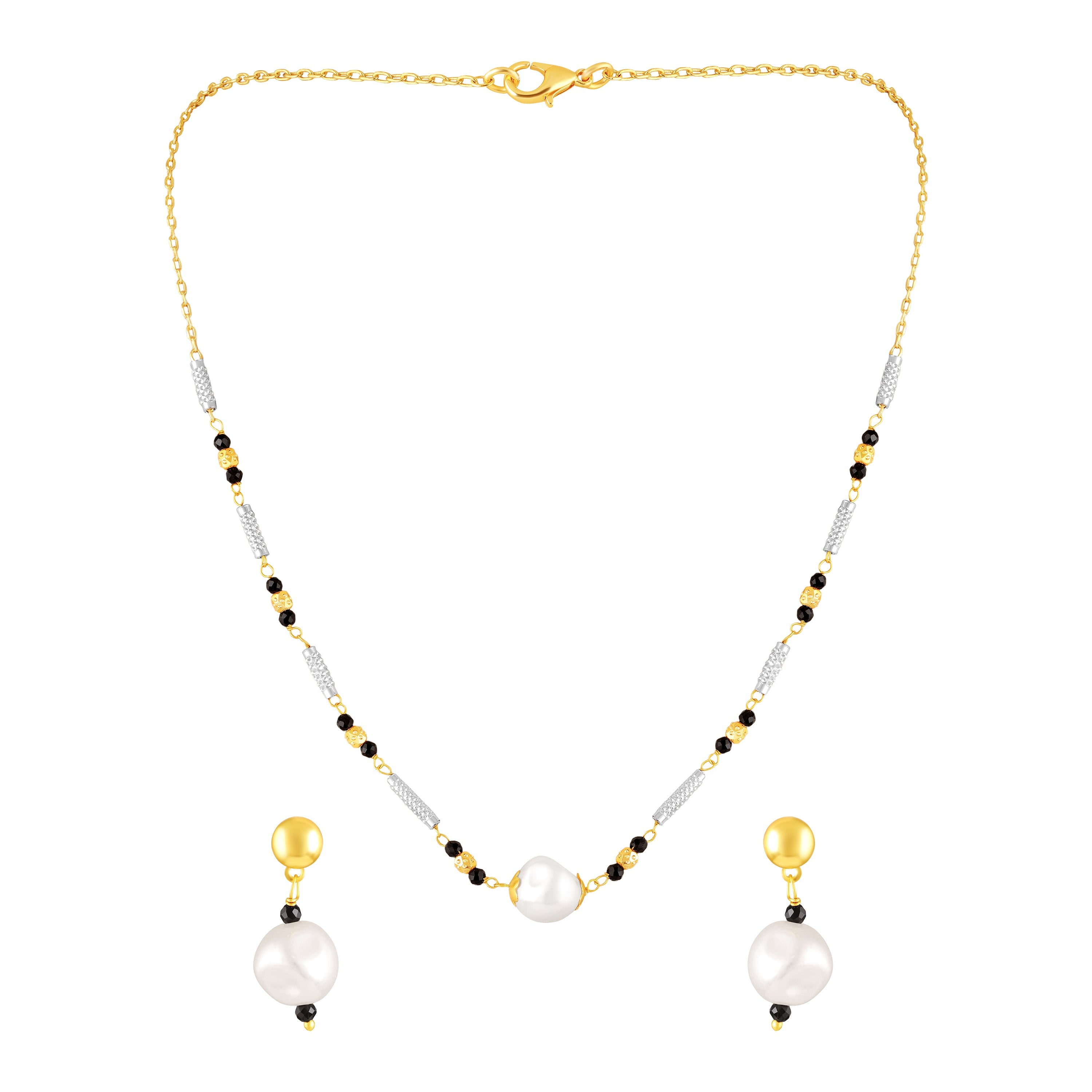 Mahi Black Beads & Artificial Pearl Mangalsutra Necklace with Matching Drop Earrings (Gold & Silver Tone) (NL1103876G)