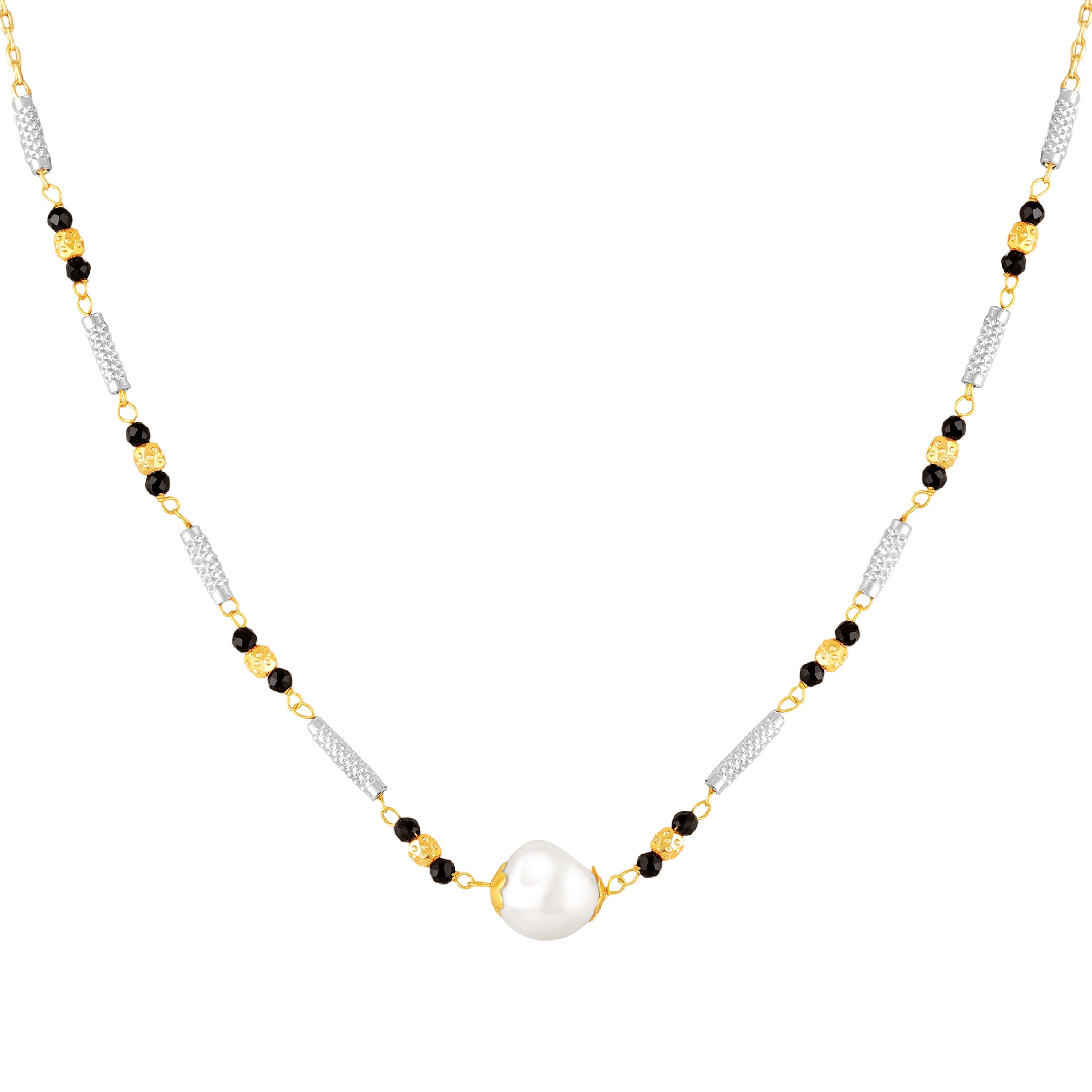 Mahi Black Beads & Artificial Pearl Mangalsutra Necklace with Matching Drop Earrings (Gold & Silver Tone) (NL1103876G)
