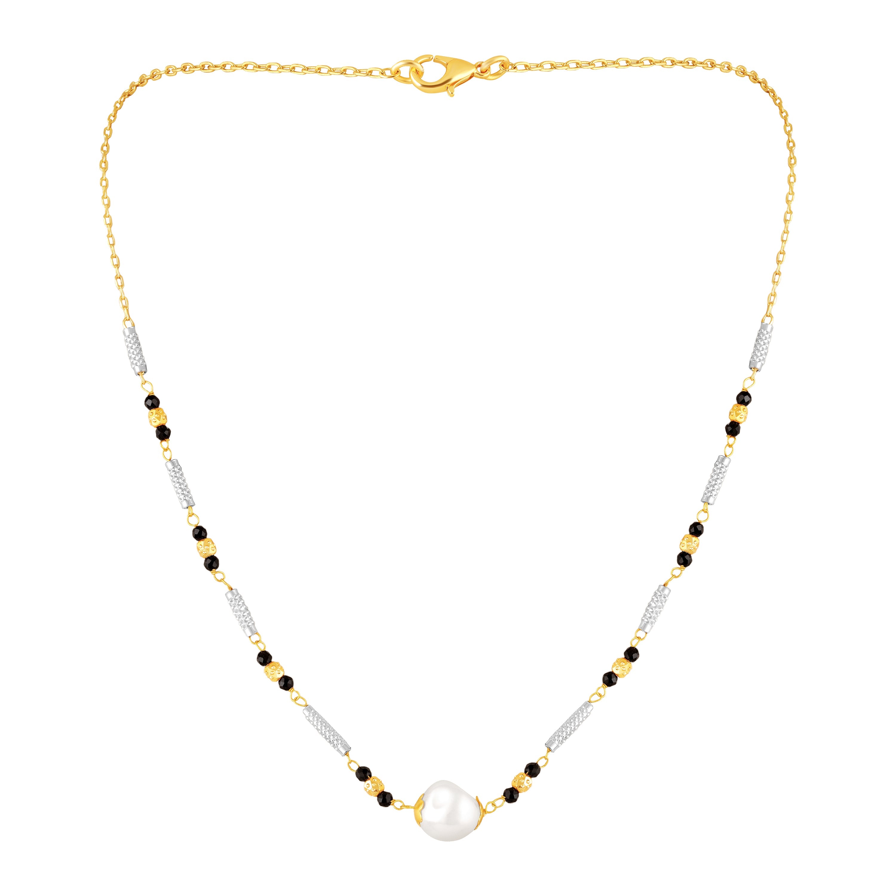 Mahi Black Beads & Artificial Pearl Mangalsutra Necklace with Matching Drop Earrings (Gold & Silver Tone) (NL1103876G)
