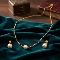 Mahi Black Beads & Artificial Pearl Mangalsutra Necklace with Matching Drop Earrings (Gold & Silver Tone) (NL1103876G)
