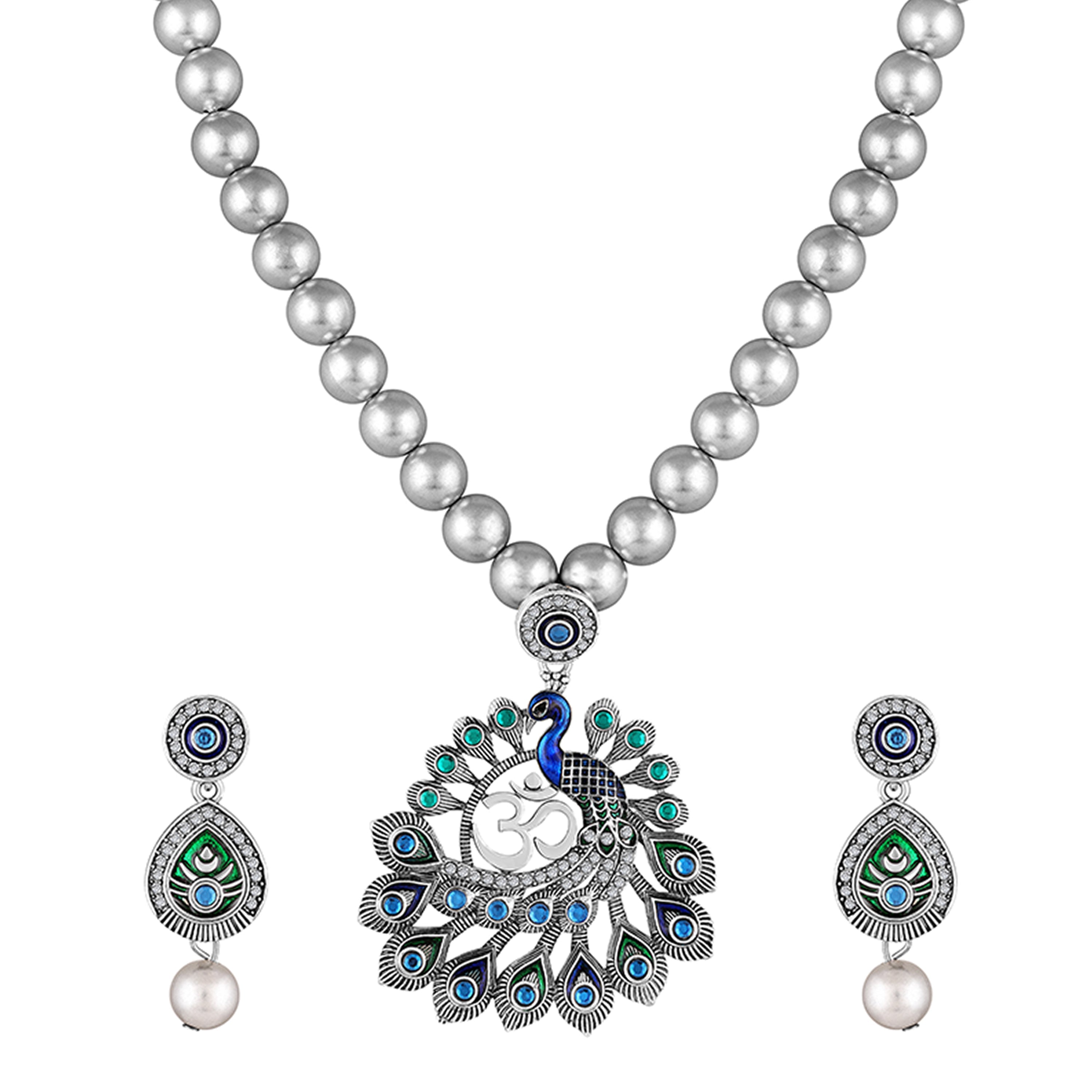 Mahi Peacock-Shaped Om Oxidised Silver Artificial Pearl Beaded Necklace Set for Women | Enamel & Crystals with Pearl Drop Earrings (NL1108125R)