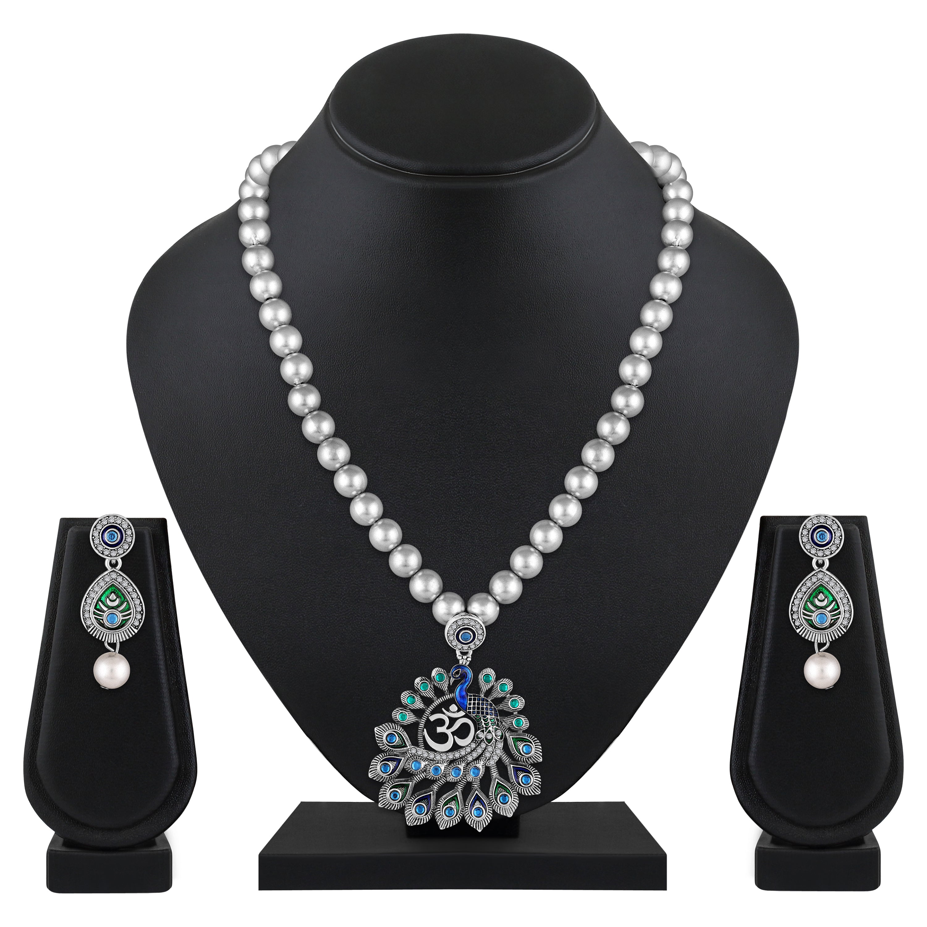 Mahi Peacock-Shaped Om Oxidised Silver Artificial Pearl Beaded Necklace Set for Women | Enamel & Crystals with Pearl Drop Earrings (NL1108125R)