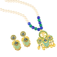 Mahi Peacock-Shaped Om Artificial Pearl Beaded Necklace Set for Women | Enamel & Crystals with Pearl Drop Earrings (NL1108126G)