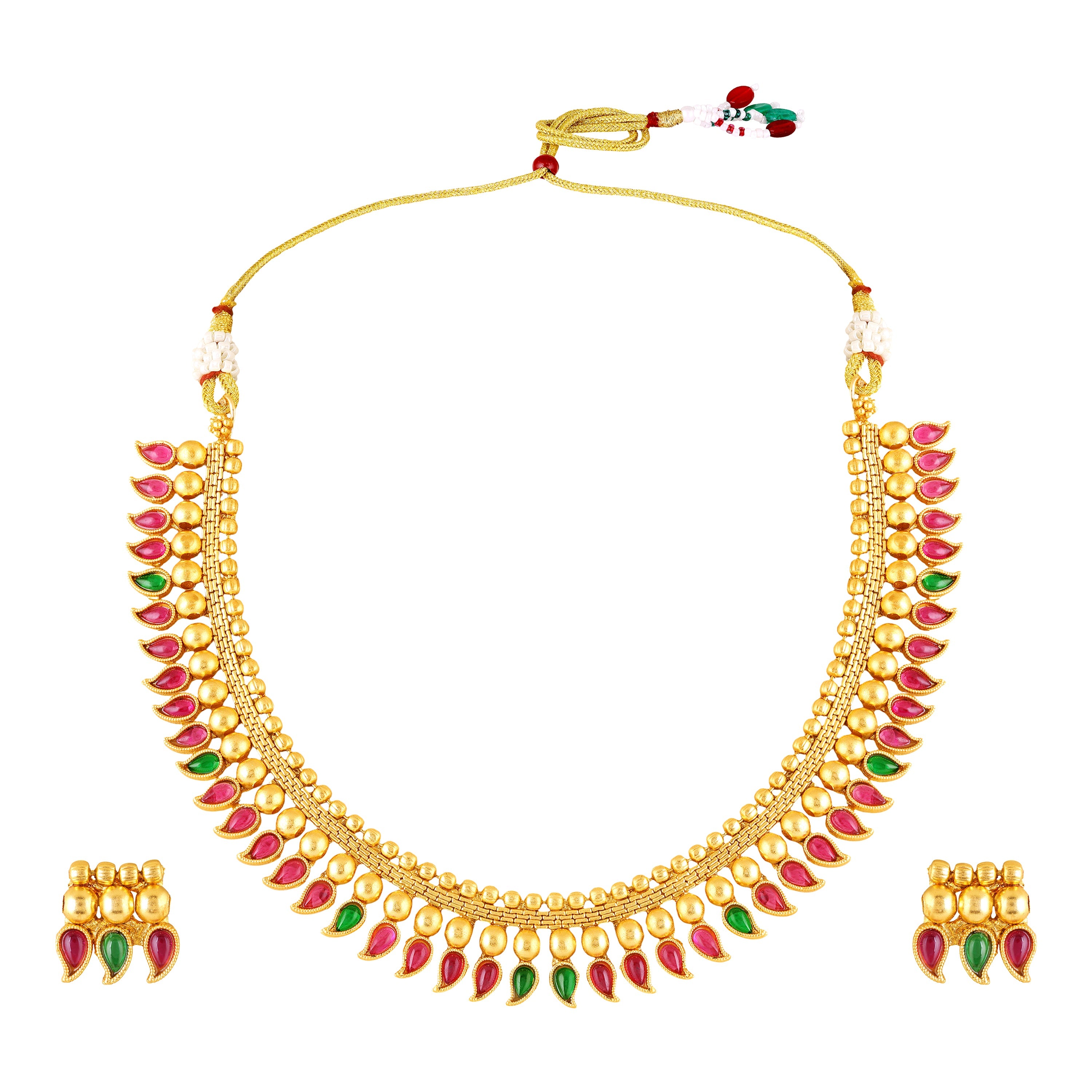 Mahi Traditional South Indian Temple Necklace Set with Earrings for Women | Bridal & Festive Jewellery Set | Kundan Red & Green Design (NL1108137G)
