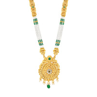 Mahi Traditional Temple Jewellery Kundan and Artificial Pearls Long Haram Necklace Set with Jhumka Earrings for Women | South Indian Bridal Jewellery (NL1108138G)