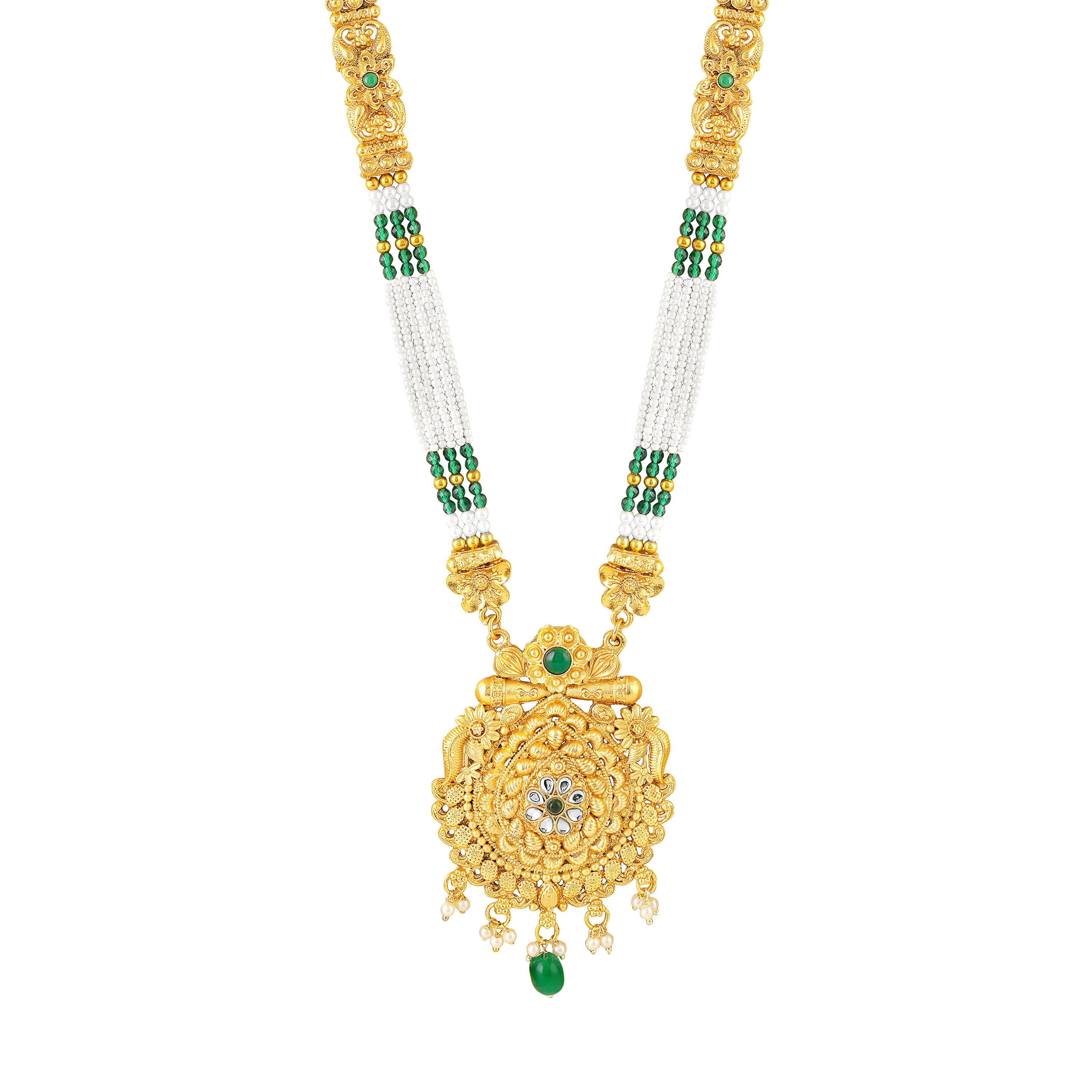 Mahi Traditional Temple Jewellery Kundan and Artificial Pearls Long Haram Necklace Set with Jhumka Earrings for Women | South Indian Bridal Jewellery (NL1108138G)