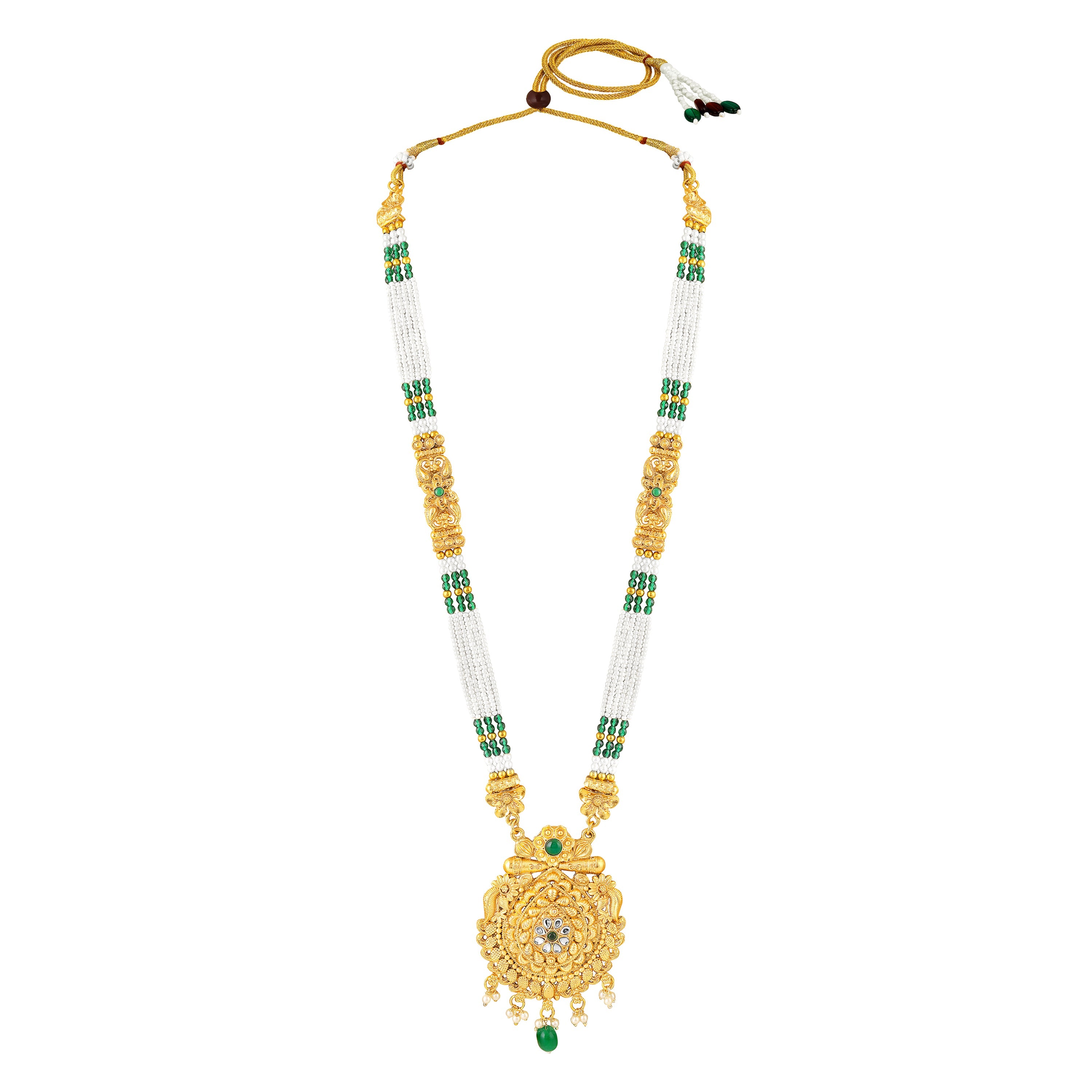 Mahi Traditional Temple Jewellery Kundan and Artificial Pearls Long Haram Necklace Set with Jhumka Earrings for Women | South Indian Bridal Jewellery (NL1108138G)