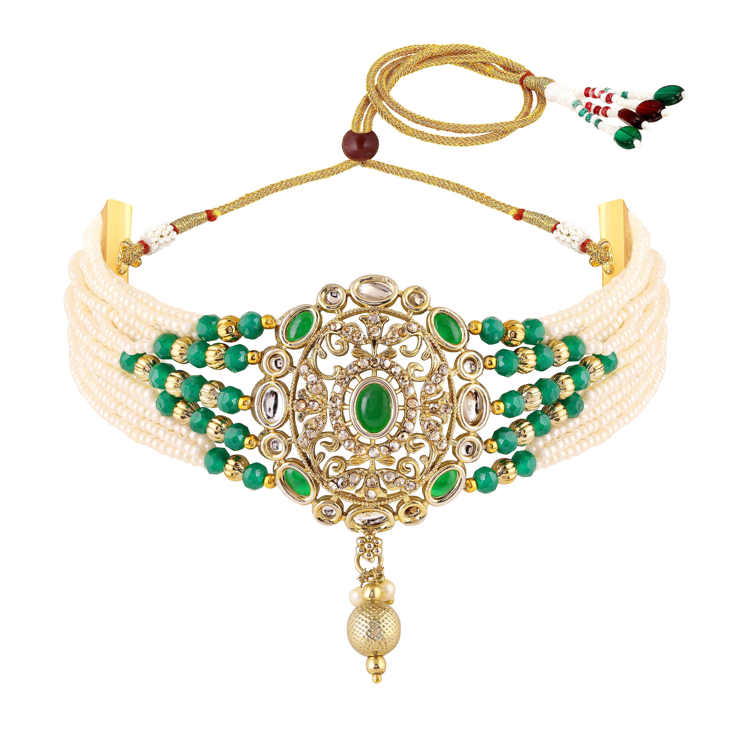 Mahi Traditional Kundan Multilayer Choker Necklace Set with Kundan & Artificial Pearls for Women | Bridal & Ethnic Jewellery with Earrings (NL1108146GGre)