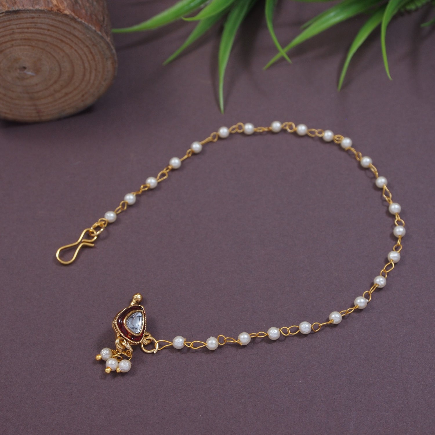 Etnico Gold Plated Traditional Bridal Nose Ring/Nath Without Piercing with Pearl Chain Encased with Pearl Stone for Women (NL111M)