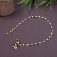 Etnico Gold Plated Traditional Bridal Nose Ring/Nath Without Piercing with Pearl Chain Encased with Pearl Stone for Women (NL111M)