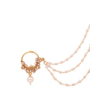 Etnico Gold Plated Traditional Bridal Nath/Nose Ring Without Piercing with Pearl Chain & Stone for Women (Gold)
