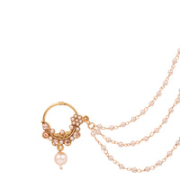 Etnico Gold Plated Traditional Bridal Nath/Nose Ring Without Piercing with Pearl Chain & Stone for Women (Gold)