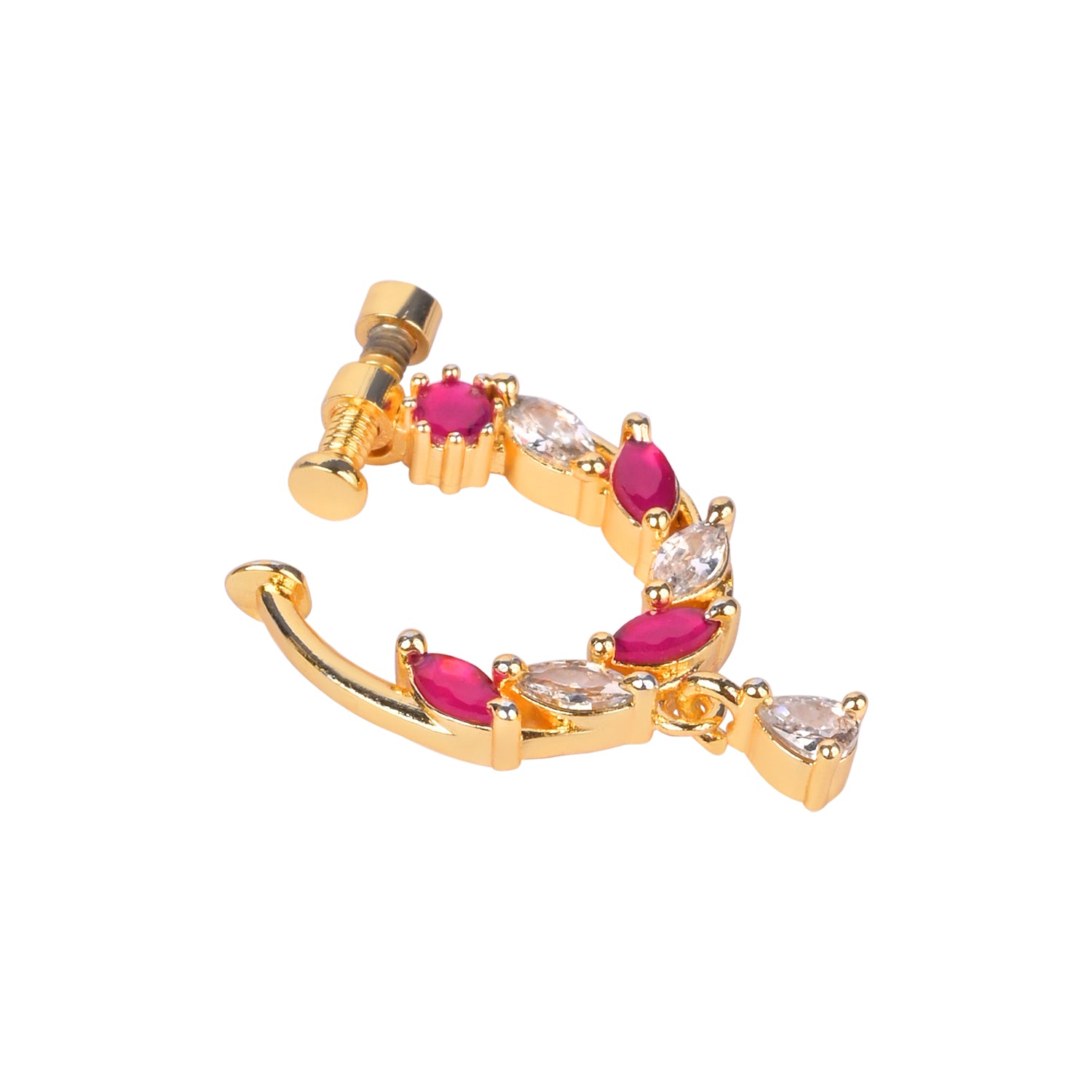 Etnico Gold Plated Traditional Ethnic Nose Ring/Nath Without Piercing Encased with Stones for Women (dark Pink)