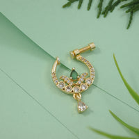 Etnico Gold Plated Traditional Ethnic Nose Ring/Nath Without Piercing Encased with Stones for Women (Green)