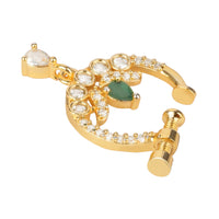Etnico Gold Plated Traditional Ethnic Nose Ring/Nath Without Piercing Encased with Stones for Women (Green)