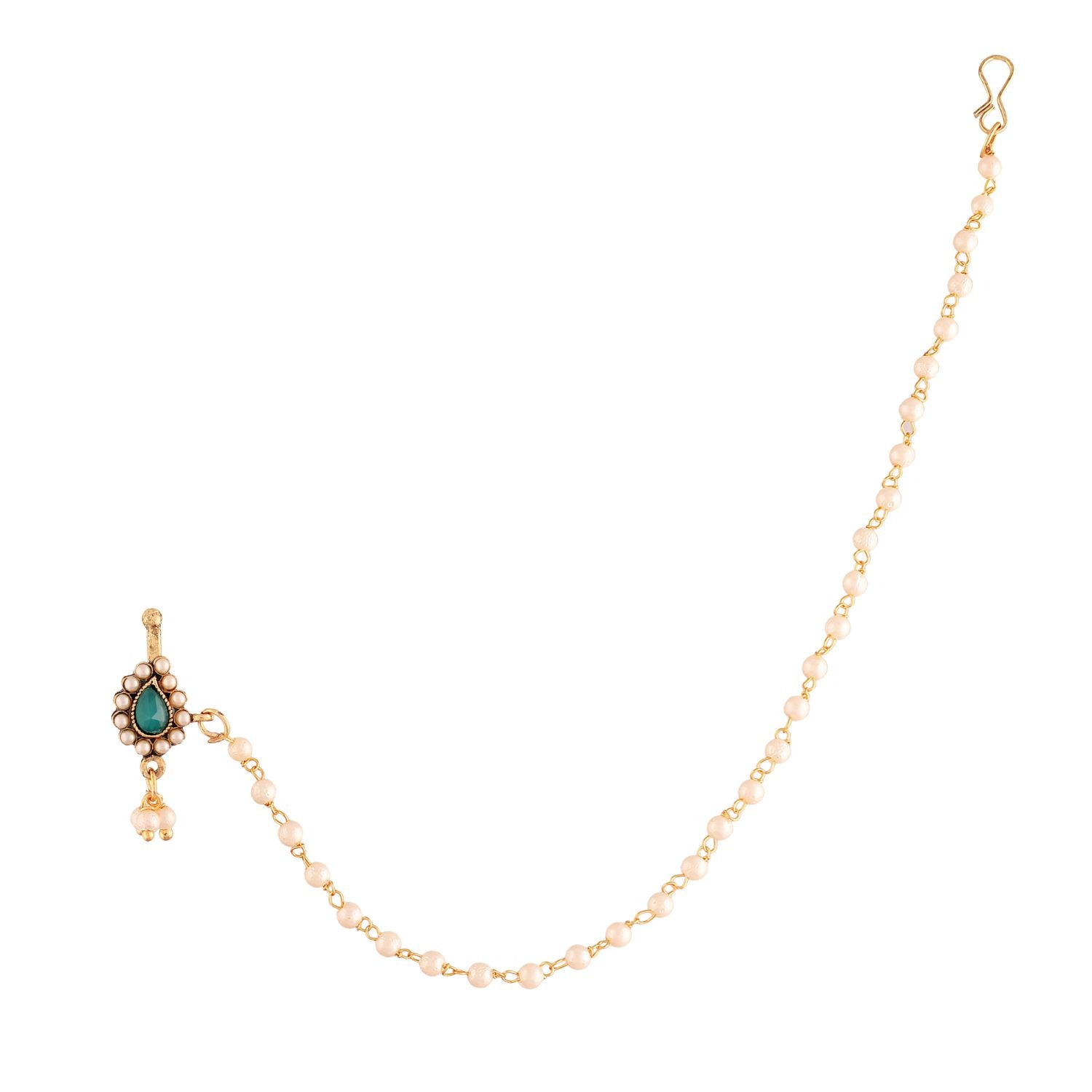 Etnico 18k Gold Plated Traditional Ethnic Bridal Nose Ring/Nath without piercing with Pearl Chain Encased with Pearl Stone for Women/Girls (NL35G)