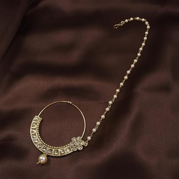 Etnico Gold Plated Traditional Ethnic Bridal Nose Ring/Nath without piercing with Pearl Chain Encased with Pearl Stone for Women/Girls (Gold)