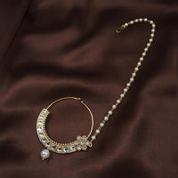 Etnico 18k Gold Plated Traditional Ethnic Bridal Nose Ring/Nath without piercing with Pearl Chain Encased with Pearl Stone for Women/Girls (NL37W)