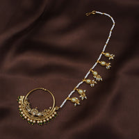 Etnico Gold Plated Traditional Ethnic Bridal Nose Ring/Nath without piercing with Pearl Chain Encased with Pearl Stone for Women/Girls (NL39G)