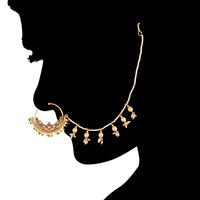 Etnico Gold Plated Traditional Ethnic Bridal Nose Ring/Nath without piercing with Pearl Chain Encased with Pearl Stone for Women/Girls (NL39G)
